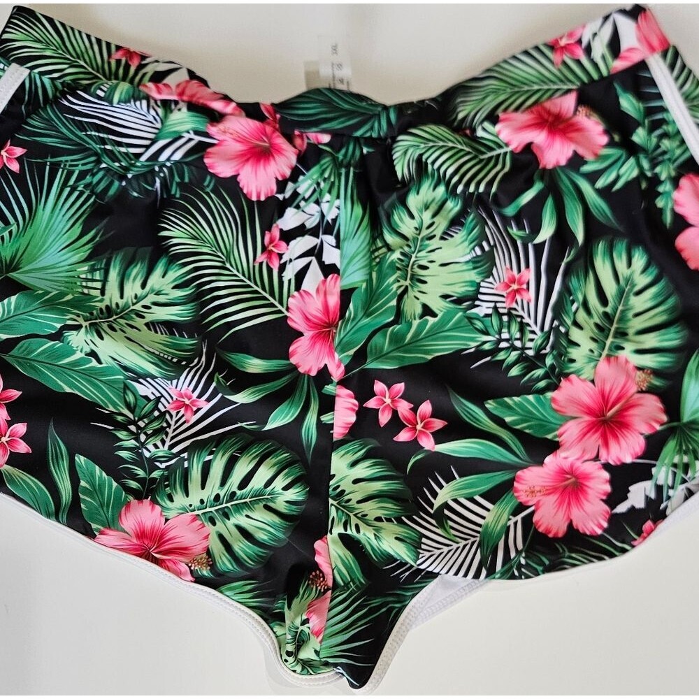 Floral Tie-Front Bikini Top & High-Waist Swim Shorts - Black with Pink Floral - Picture 5 of 11